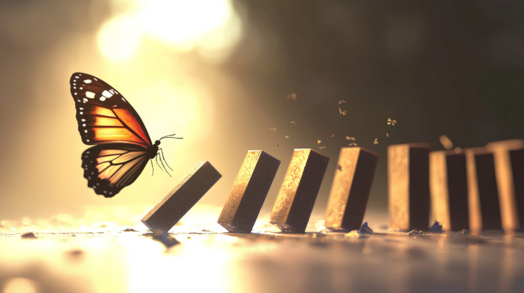 a butterfly starting the fall of a row of dominos