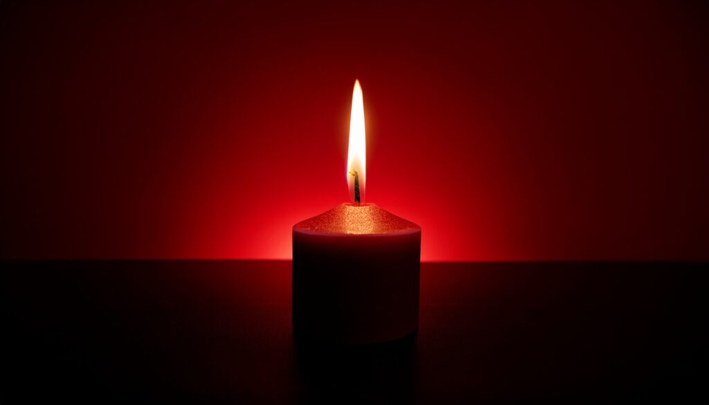 a candle is lit in a dark room with a red background