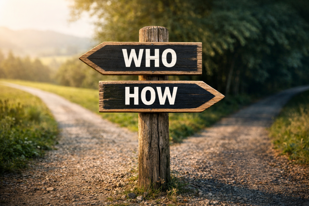Who vs. how sign posts at crossroad