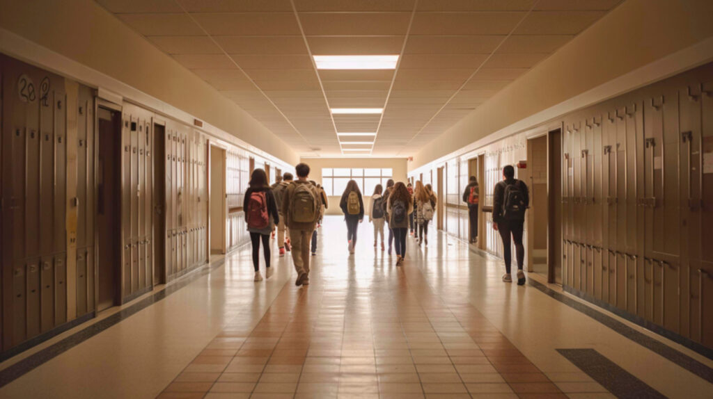 students in high school hallway