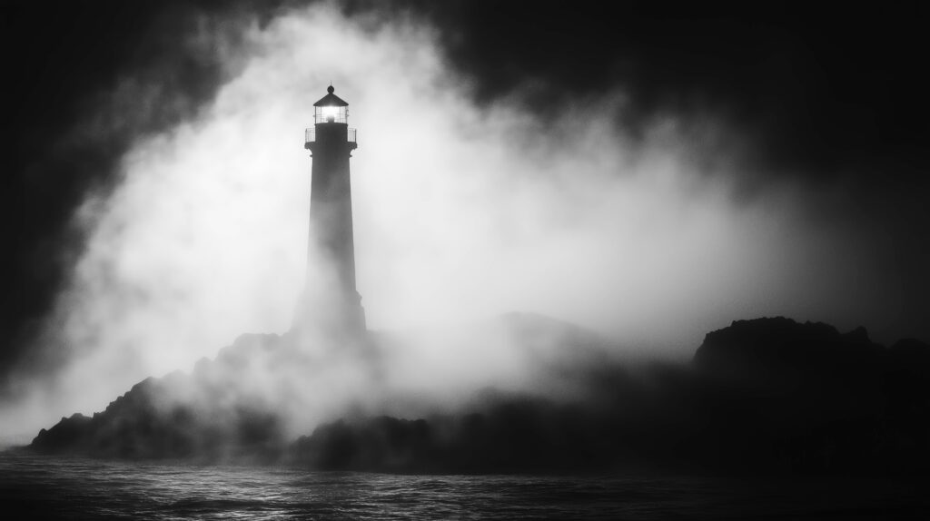 A lighthouse in the fog