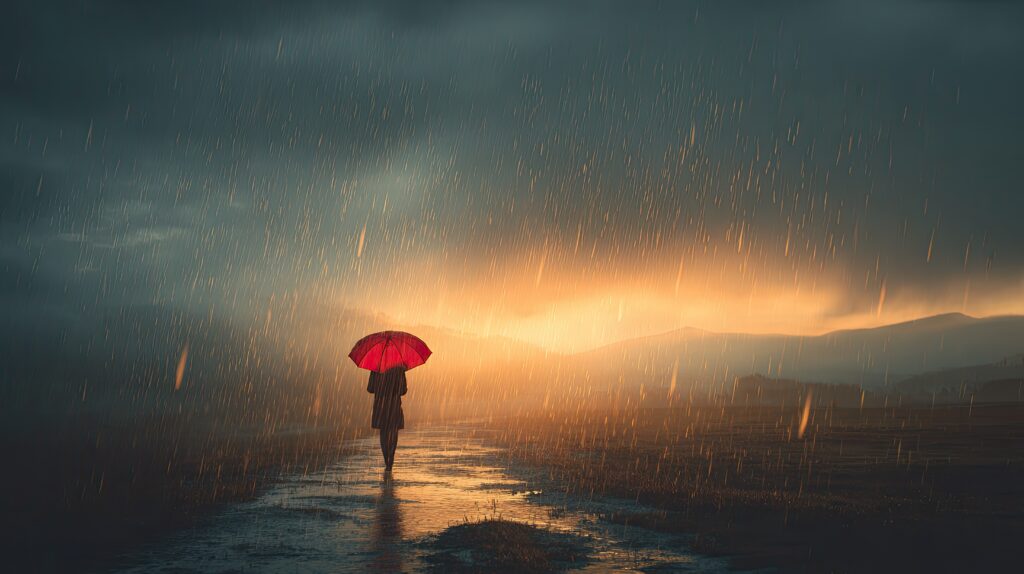 person walking though a storm with a red umbrella